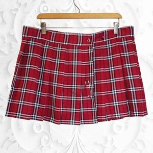 Red Plaid Pleated Mini-Mini Skirt With Front Button And Safety Pin Closure
